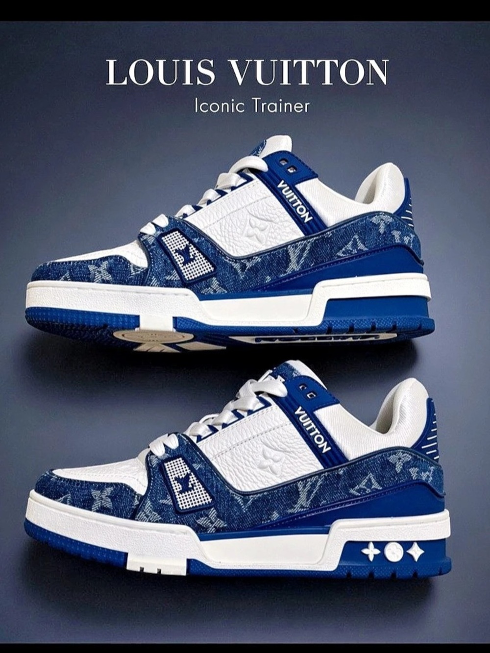 Louis Vuitton LV Trainer Sneaker Monogram Denim Blue & White. W/ Box, dust bags,